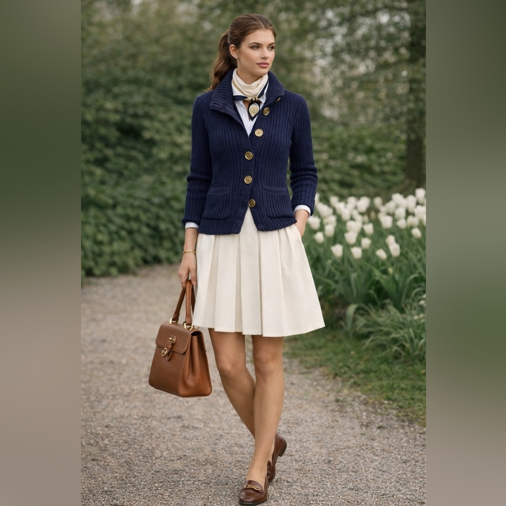 Talbots navy Rib Knit Fisherman cardigan with gold toned buttons Pima Cotton S